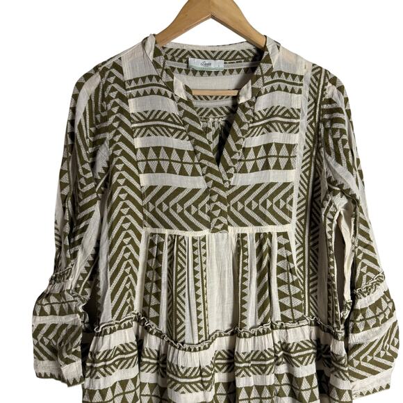 Devotion Twins Ella Cream Olive Embroidered 3/4 Sleeve Boho Coastal Mini Dress - Picture 4 of 14